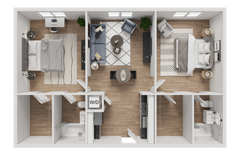 A top-down view of a well-organized apartment with a living room, kitchen, and two bedrooms.