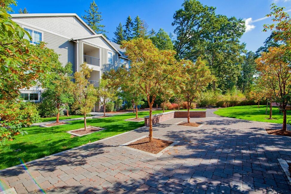 a walkway with trees in front of a house
