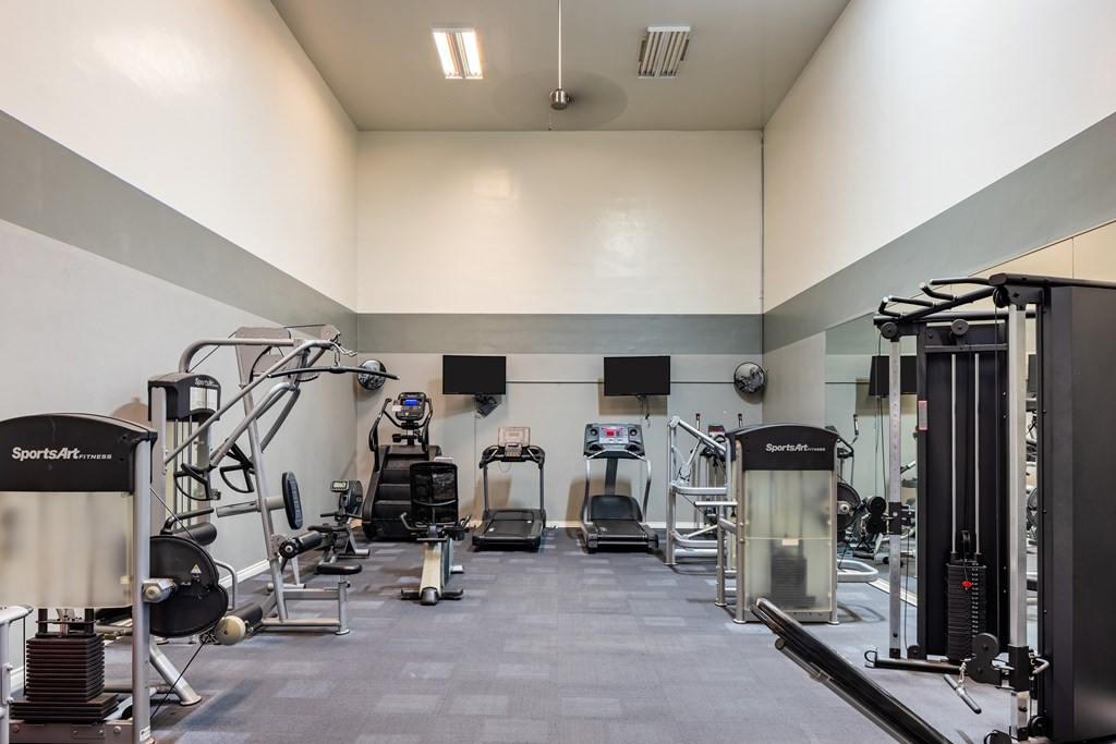 A gym with a variety of equipment including a treadmill, weights, and a bench press.