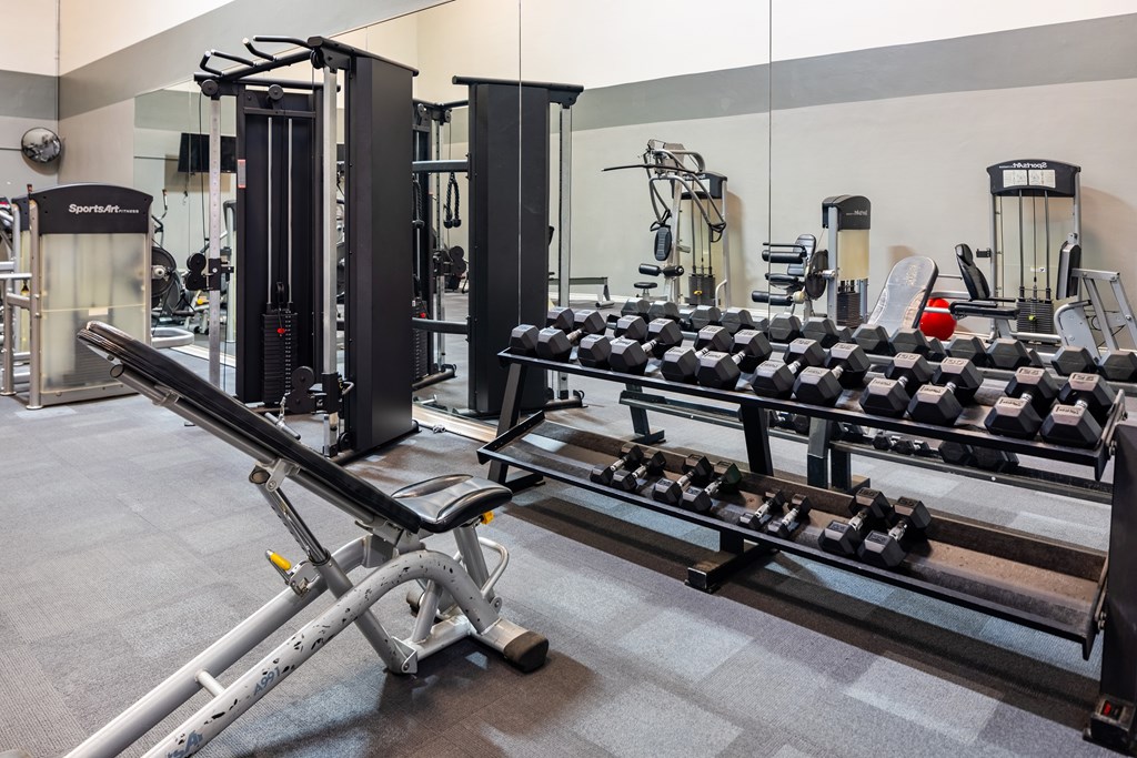 A gym with a variety of equipment including a leg press machine.
