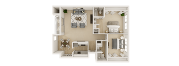 A 3D floor plan of a small apartment with a living room, kitchen, and bedroom.
