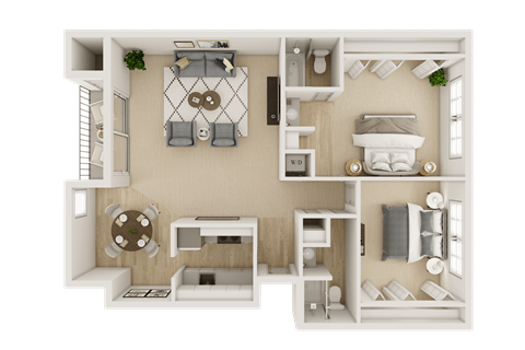 A 3D floor plan of a small apartment with a living room, kitchen, and bedroom.