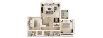 A floor plan of a small apartment with a living room, kitchen, and bedroom.