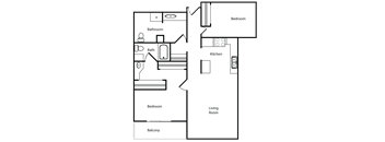 A floor plan of a house with a living room, kitchen, two bathrooms, and two bedrooms.