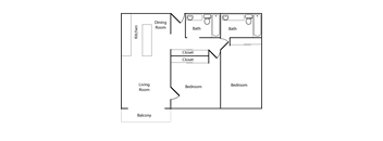 A floor plan of a house with a living room, dining room, kitchen, two bathrooms, two bedrooms, a closet, and a balcony.