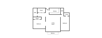 A floor plan of a house with a living room, kitchen, two bedrooms, two bathrooms, and a balcony.