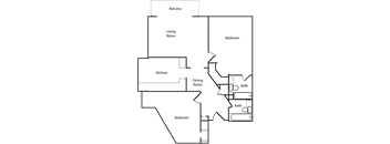 A floor plan of a house with a balcony, living room, kitchen, dining room, and two bedrooms.