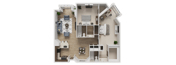 A top-down view of a house layout with a living room, kitchen, dining area, and bedrooms.