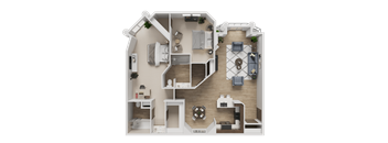 A top-down view of a house layout with a kitchen, living room, and bedrooms.
