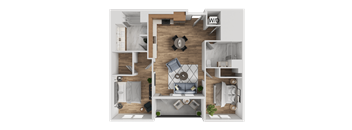A top-down view of a living room, kitchen, and two bedrooms in a house.