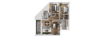 A 3D floor plan of a house with a kitchen, living room, and bathroom.