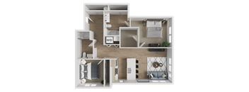 A top-down view of a small apartment layout with a kitchen, living room, and bedroom.