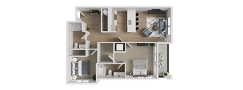 A 3D floor plan of a house with a kitchen, living room, and bedrooms.