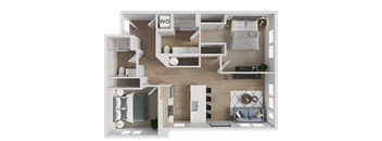 A 3D floor plan of a small apartment layout.