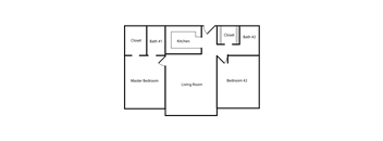 A floor plan of a house with a living room, kitchen, two bedrooms, and two bathrooms.