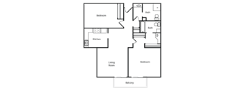 A floor plan of a house with a living room, kitchen, two bedrooms, a bathroom, and a balcony.