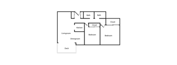 A floor plan of a house with two bedrooms, a living room, a dining room, a kitchen, two bathrooms, and a deck.