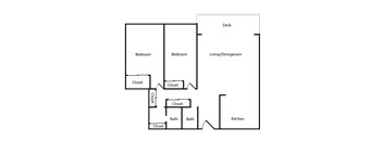 A floor plan of a house with two bedrooms, two bathrooms, a closet, a deck, a living/dining room, and a kitchen.