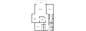 A floor plan of a house with a balcony, living room, dining room, kitchen, two bedrooms, and two bathrooms.