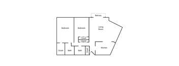 A diagram of a house layout with two bedrooms, a living room, a kitchen, and two bathrooms.