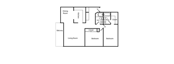 A floor plan of a house with a dining room, kitchen, living room, two bedrooms, and a balcony.