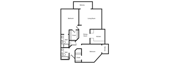 A floor plan of a house with two bedrooms, a living room, a dining room, a kitchen, a bathroom with a tub and a toilet, and a balcony.