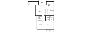 A floor plan of a house with a balcony, two bedrooms, a living room, a dining room, a kitchen, and two bathrooms.
