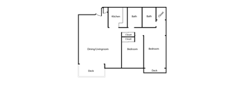A floor plan of a house with two bedrooms, a kitchen, a bath, a closet, a dining/living room, and two decks.
