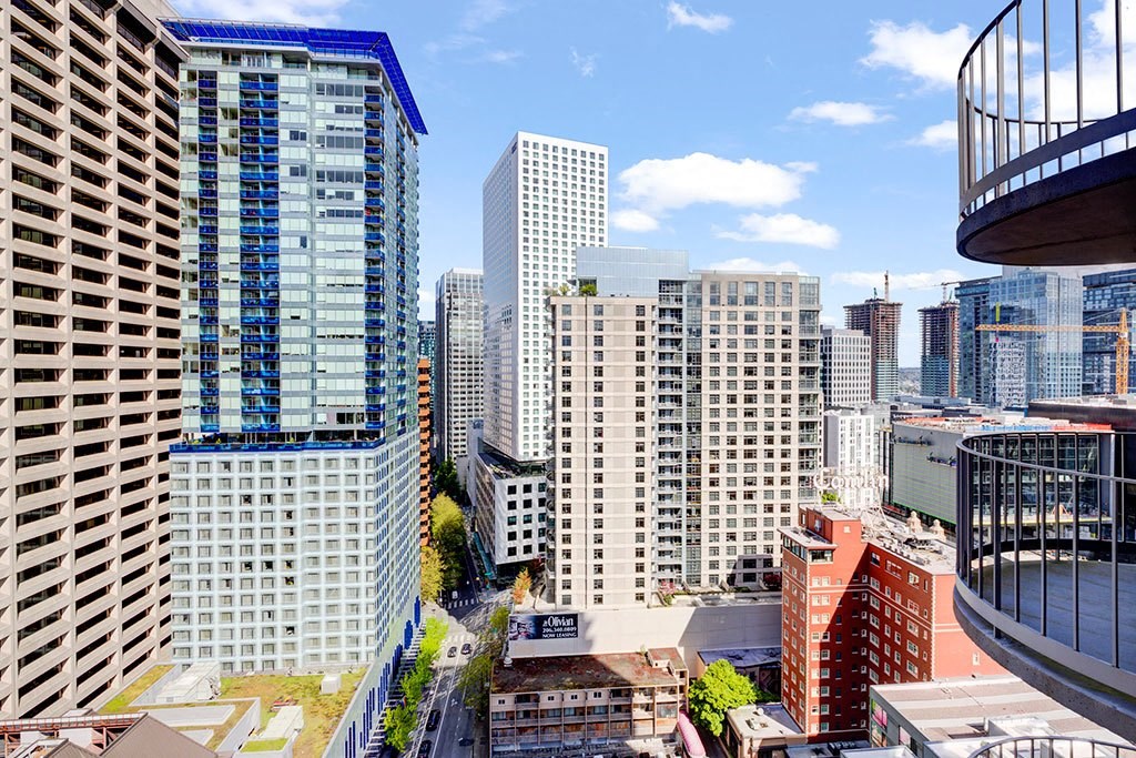 a view of the city from a high rise building