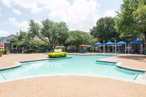 A large swimming pool surrounded by trees and a grassy area.