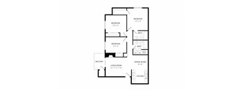 A black and white image of a floor plan for a home with a living room, dining room, kitchen, and three bedrooms.