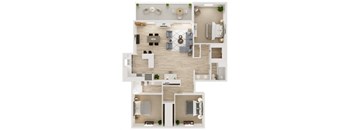 floor plan of a 3 bed/ 2 bath apartment