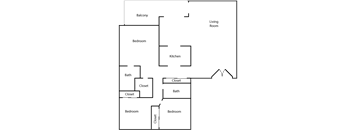 A floor plan of a house with a living room, two bedrooms, a kitchen, two bathrooms, and closets.