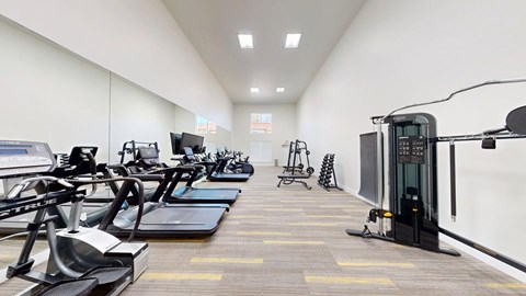 A gym with treadmills, exercise bikes, and other equipment.
