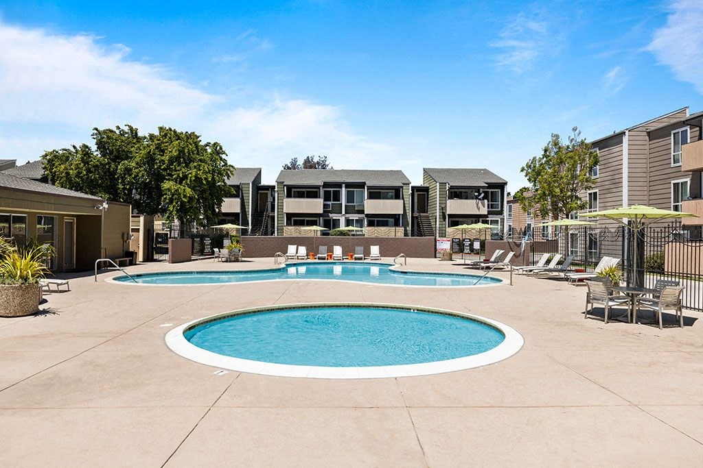 Bidwell Park Fremont pool area with lounge chairs