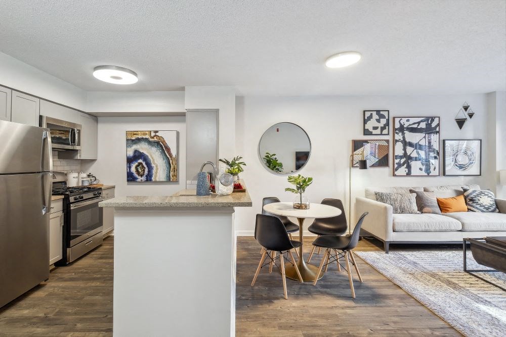 a living room with a kitchen and a couch