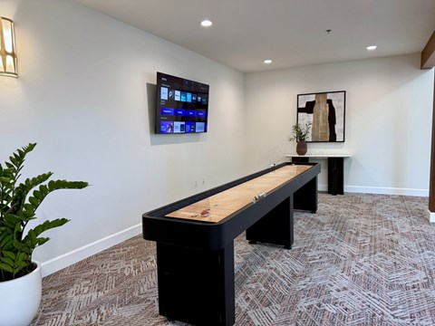 A room with a pool table and a plant.