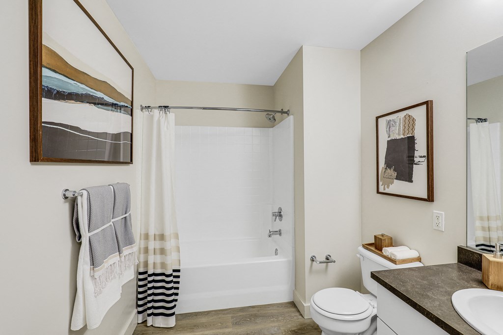 a bathroom with a shower and a toilet and a sink