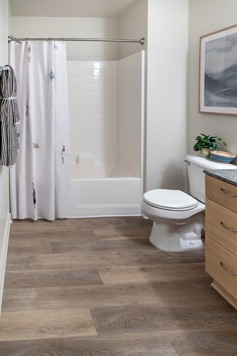 A bathroom with a toilet, a shower with a curtain, and a painting on the wall.