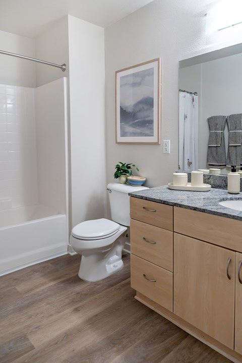 A white toilet sits in a bathroom with a wooden cabinet and a framed picture on the wall.