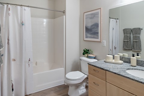 A bathroom with a toilet, sink, and shower.