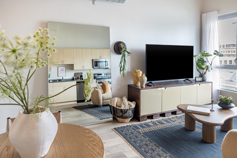 A modern living room with a flat screen TV and a kitchen in the background.
