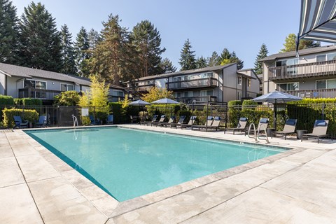 A swimming pool surrounded by lounge chairs and umbrellas.