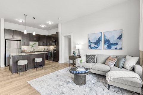 A modern living room with a grey sofa and a kitchen area in the background.