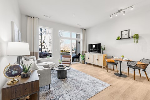 A living room with a grey sofa, a black coffee table, a wooden cabinet, a TV, a globe, a potted plant, and a rug.