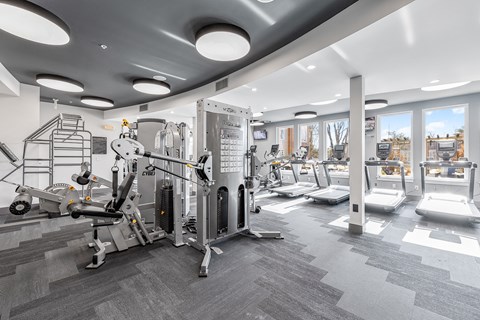 A gym with a variety of equipment including treadmills, weights, and exercise machines.