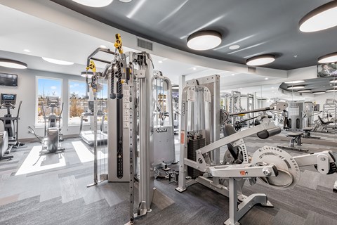 A gym with a variety of equipment including a leg press machine.