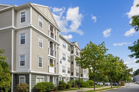 A row of townhouses with green trees in front.