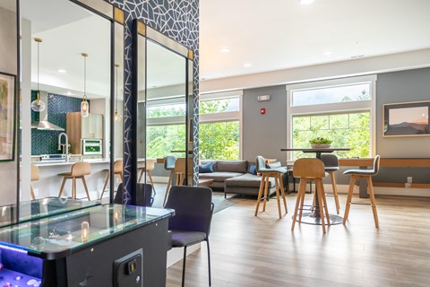 a living room with a dining room and a kitchen