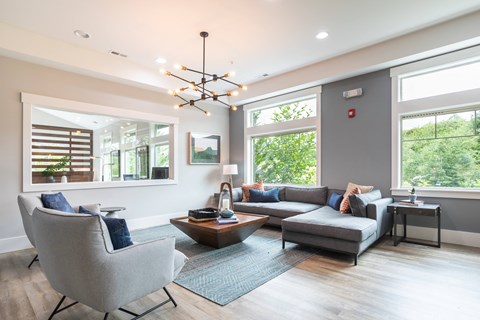 a living room with couches and chairs and a chandelier